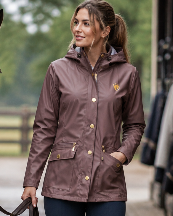 A woman in equestrian attire walks alongside a horse on a wet cobblestone path outside a stable. She is wearing a brownish-rose waterproof jacket with gold buttons, dark blue leggings, and black boots.