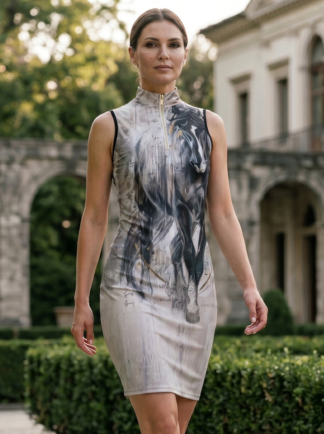 Woman in a stylish dress standing in front of an elegant building with greenery.