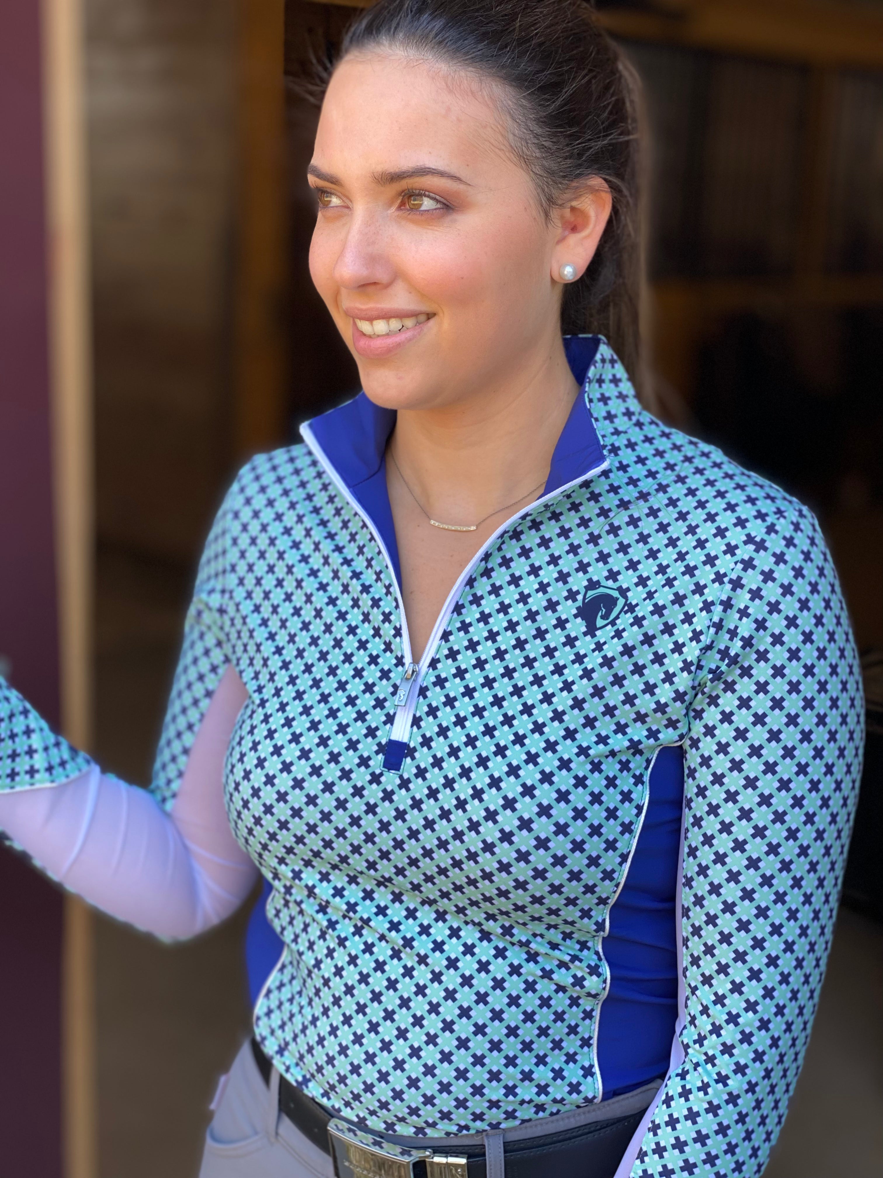 Triple Bar Gingham Two-Tone Sunshirt w/Mesh, Mint/Navy (Small & XXL)